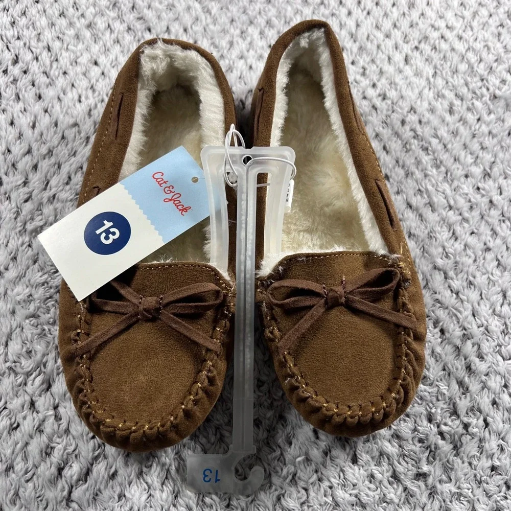 Cat Jack Toddler Girls Brown Moccasin Slippers‎ Fuzzy Lined Bow Size 13 NWT